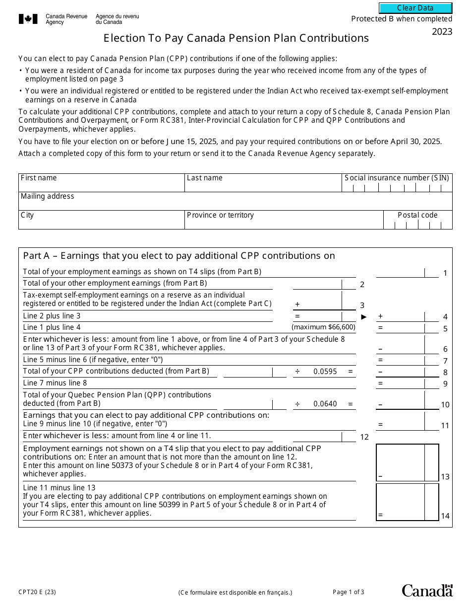 Form CPT20 Election to Pay Canada Pension Plan Contributions - Canada, Page 1