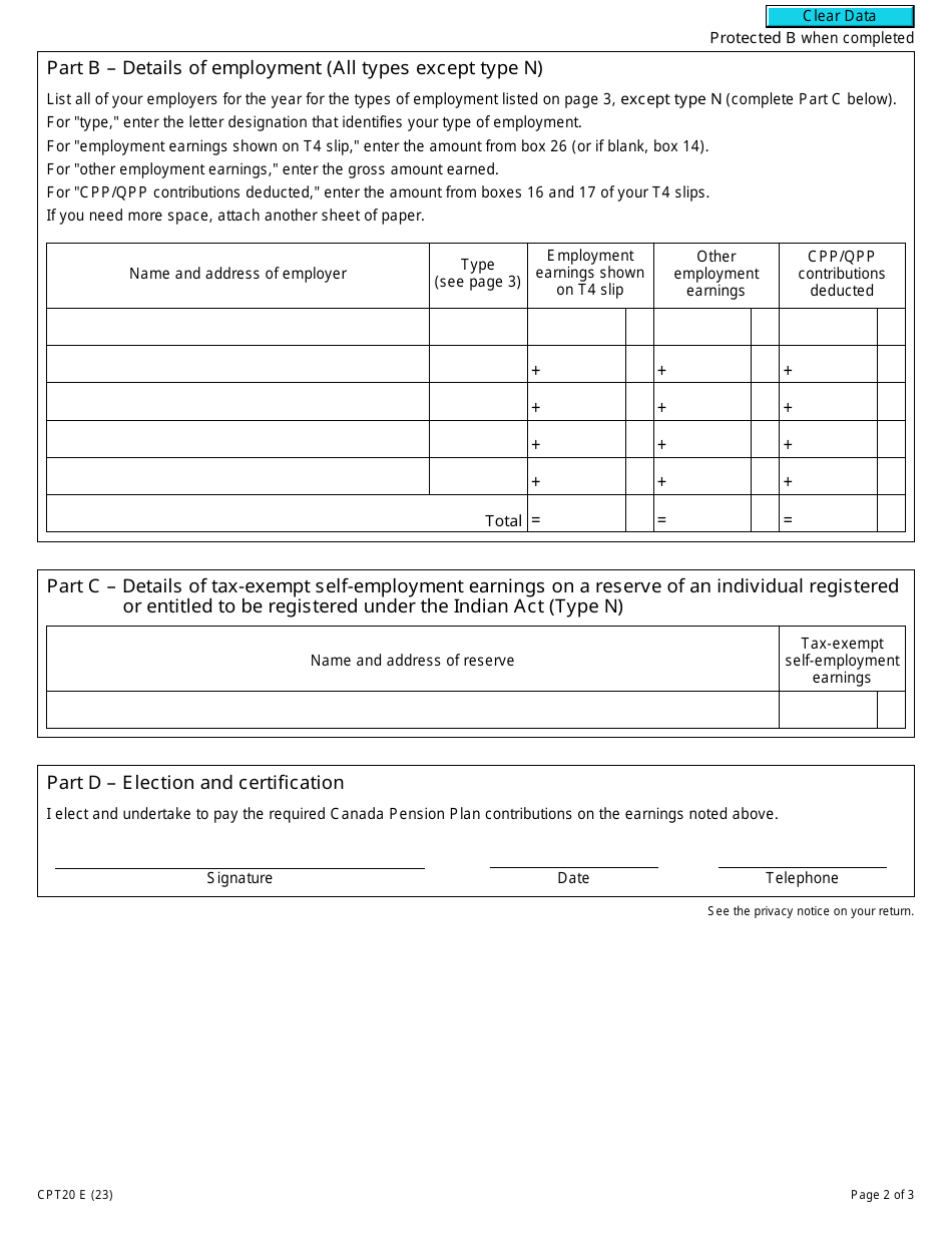 Form CPT20 Election to Pay Canada Pension Plan Contributions - Canada, Page 2