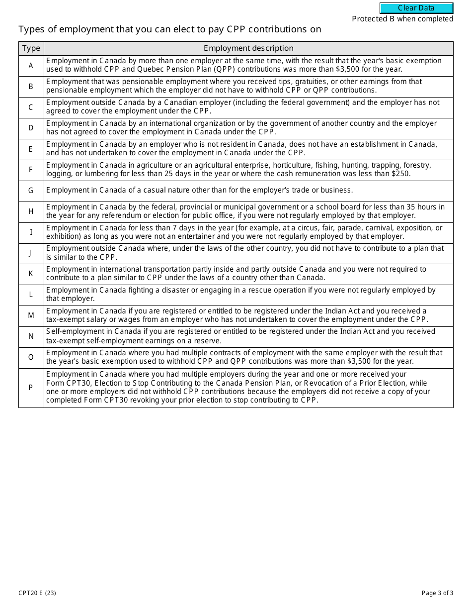 Form CPT20 Election to Pay Canada Pension Plan Contributions - Canada, Page 3