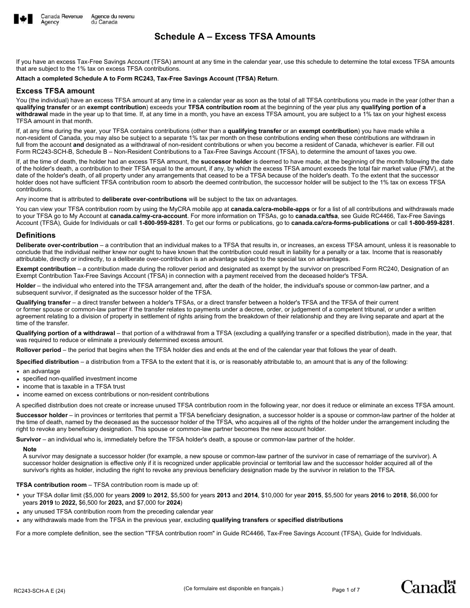 Form RC243 Schedule A Excess Tfsa Amounts - Canada, Page 1