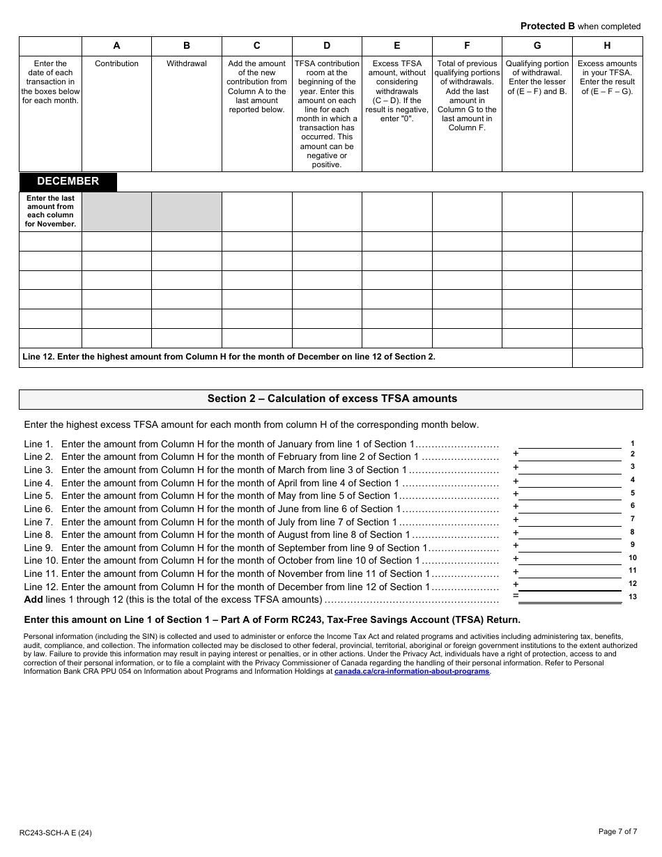 Form RC243 Schedule A Excess Tfsa Amounts - Canada, Page 7