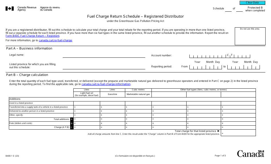 Form B400-1 Fuel Charge Return Schedule - Registered Distributor - Canada, Page 1