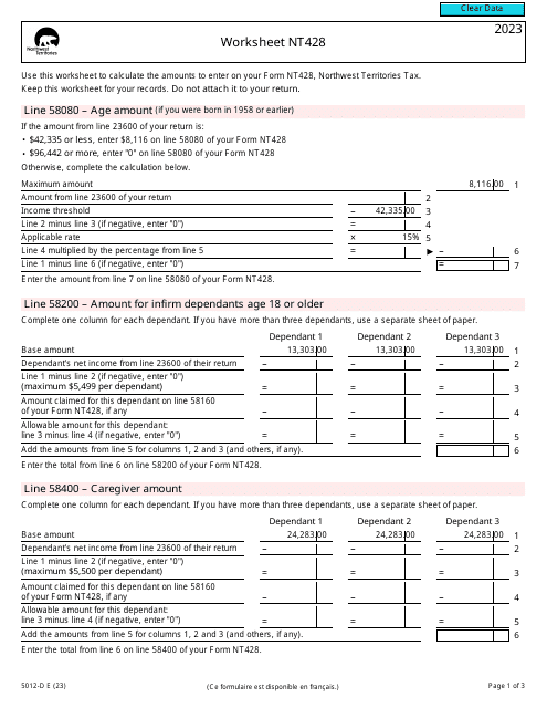 Form 5012-D Worksheet NT428 Northwest Territories - Canada, 2023