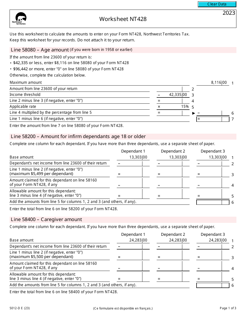 Form 5012-D Worksheet NT428 Northwest Territories - Canada, Page 1
