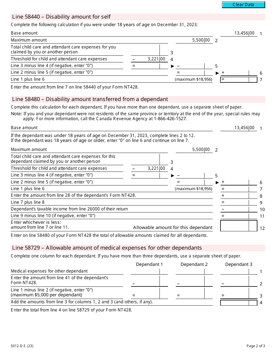 Form 5012-D Worksheet NT428 Northwest Territories - Canada, Page 2