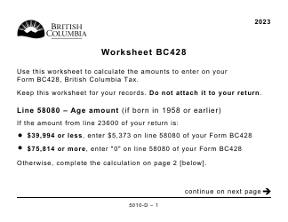 Document preview: Form 5010-D Worksheet BC428 British Columbia - Large Print - Canada, 2023