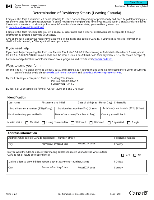 Form NR73 Determination of Residency Status (Leaving Canada) - Canada