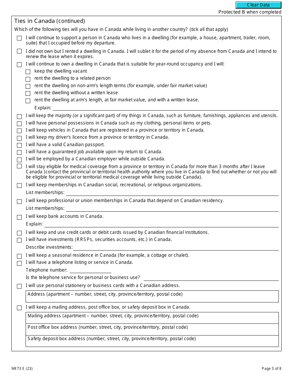 Form NR73 Determination of Residency Status (Leaving Canada) - Canada, Page 5