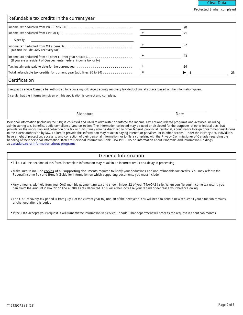 Form T1213(OAS) Request to Reduce Old Age Security Recovery Tax at Source - Canada, Page 2