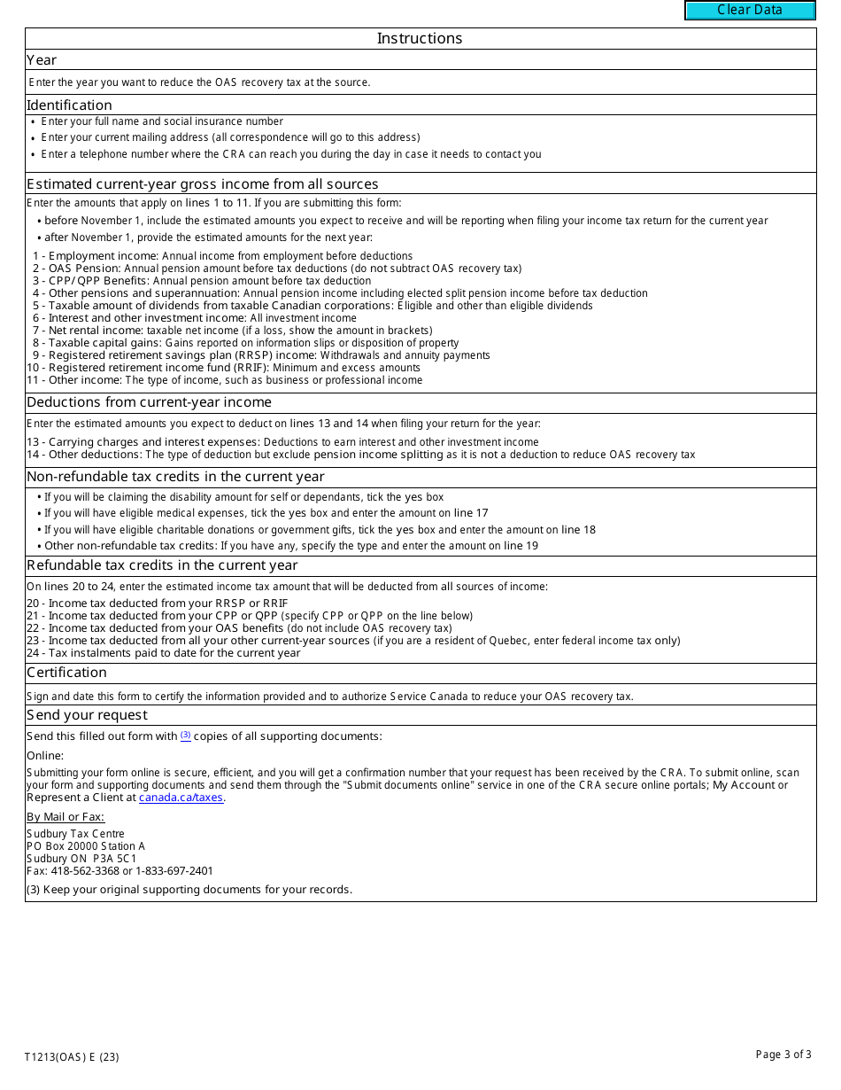 Form T1213(OAS) Request to Reduce Old Age Security Recovery Tax at Source - Canada, Page 3