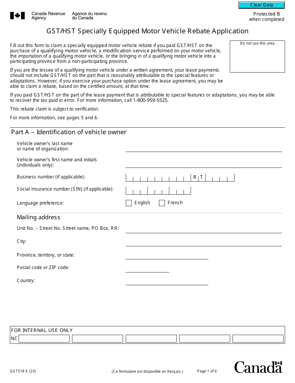 Form GST518 Gst / Hst Specially Equipped Motor Vehicle Rebate Application - Canada, Page 1