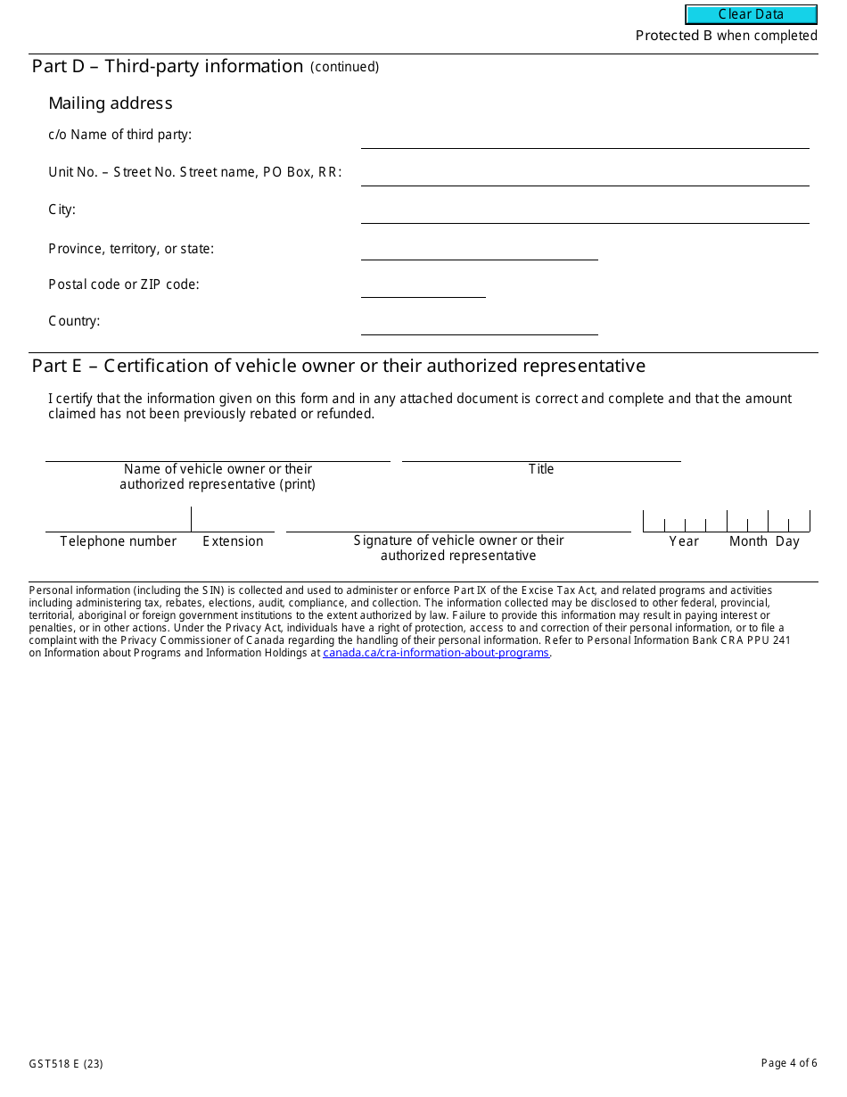 Form GST518 Gst / Hst Specially Equipped Motor Vehicle Rebate Application - Canada, Page 4