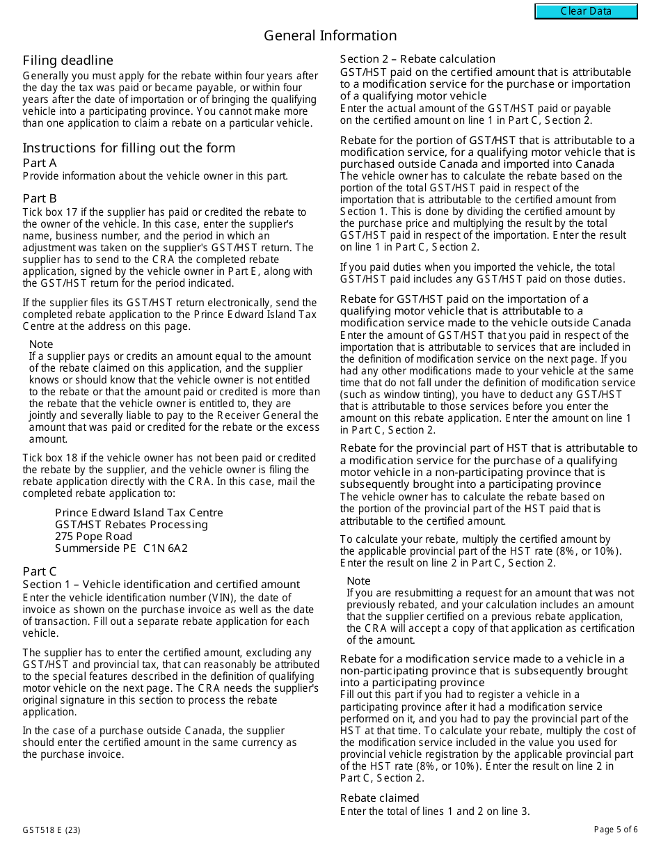 Form GST518 Gst / Hst Specially Equipped Motor Vehicle Rebate Application - Canada, Page 5