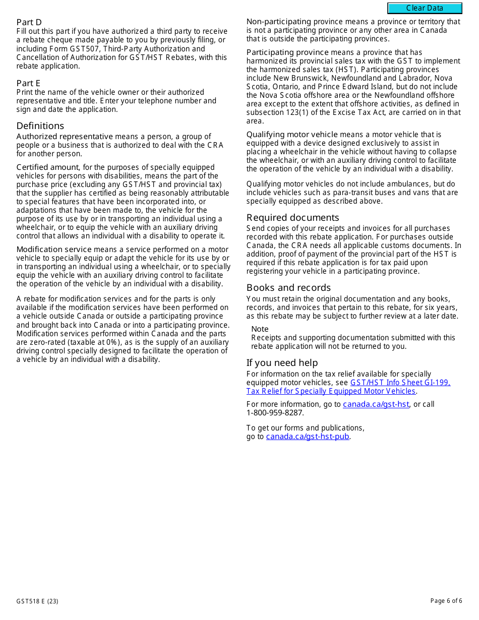Form GST518 Gst / Hst Specially Equipped Motor Vehicle Rebate Application - Canada, Page 6