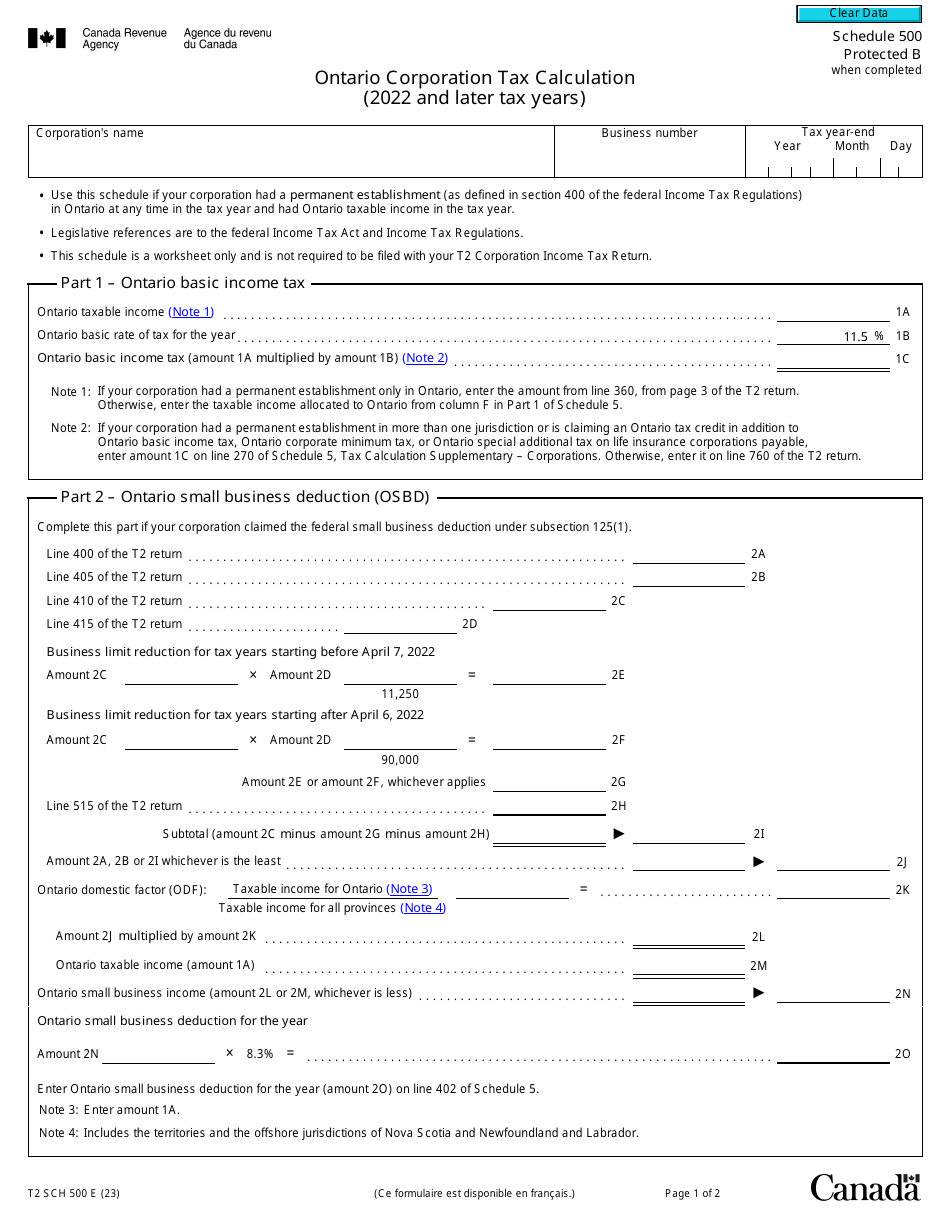 Form T2 Schedule 500 Ontario Corporation Tax Calculation (2022 and Later Tax Years) - Canada, Page 1