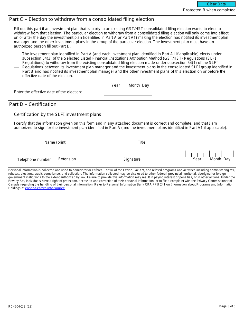 Form RC4604-2 Election for a Selected Listed Financial Institution to Withdraw From a Gst / Hst Consolidated Filing Election - Canada, Page 3