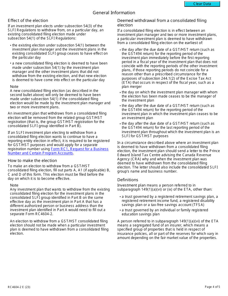 Form RC4604-2 Election for a Selected Listed Financial Institution to Withdraw From a Gst / Hst Consolidated Filing Election - Canada, Page 4