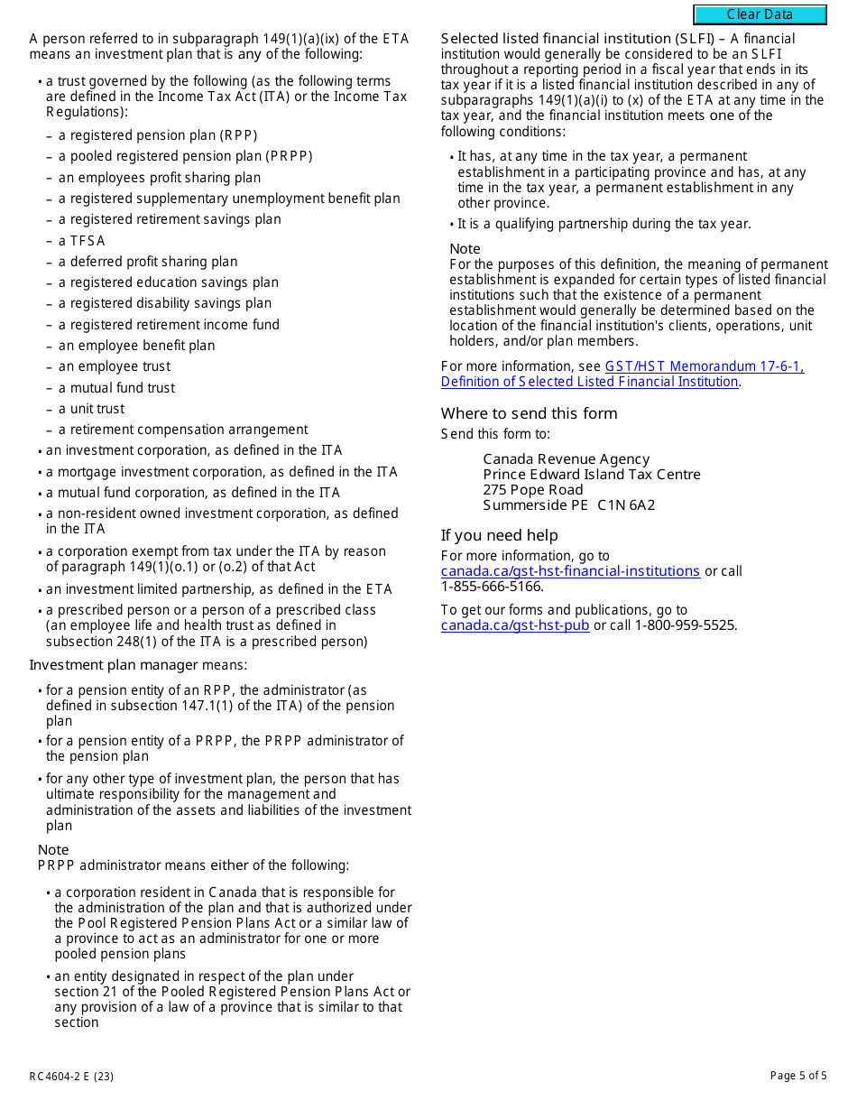 Form RC4604-2 Election for a Selected Listed Financial Institution to Withdraw From a Gst / Hst Consolidated Filing Election - Canada, Page 5