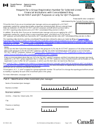 Document preview: Form RC7202 Request for a Group Registration Number for Selected Listed Financial Institutions With Consolidated Filing for Gst/Hst and Qst Purposes or Only for Qst Purposes - Canada