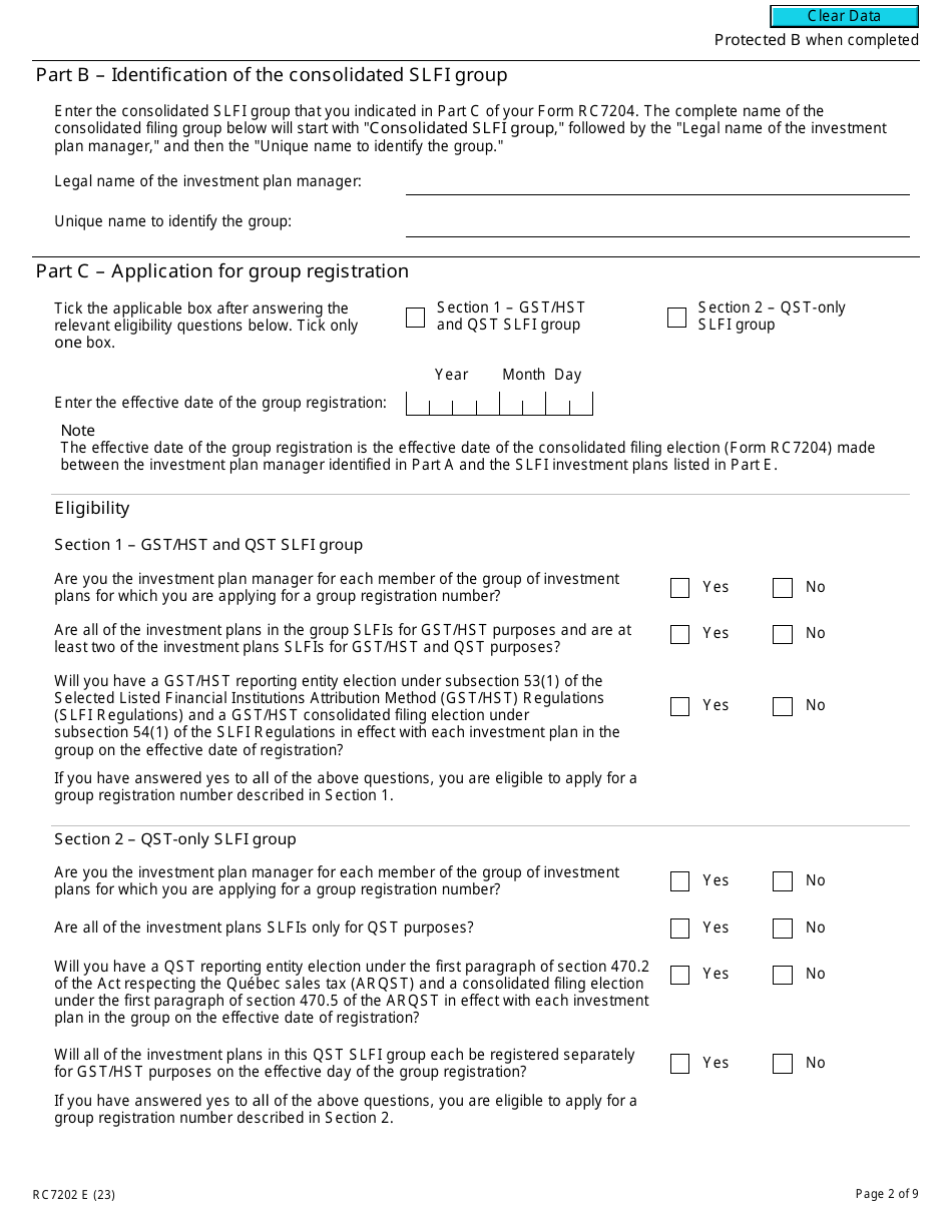 Form RC7202 Request for a Group Registration Number for Selected Listed Financial Institutions With Consolidated Filing for Gst / Hst and Qst Purposes or Only for Qst Purposes - Canada, Page 2