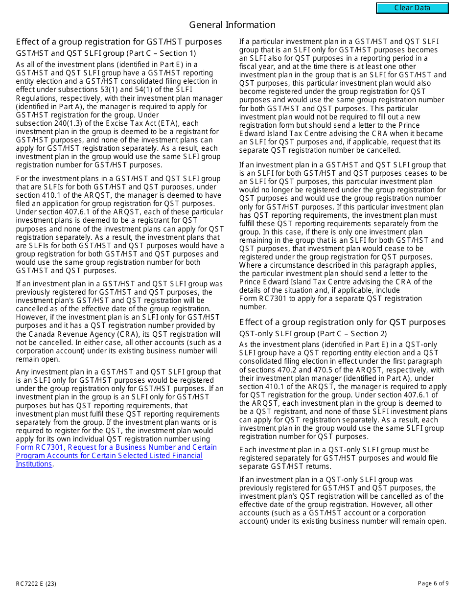 Form RC7202 Request for a Group Registration Number for Selected Listed Financial Institutions With Consolidated Filing for Gst / Hst and Qst Purposes or Only for Qst Purposes - Canada, Page 6