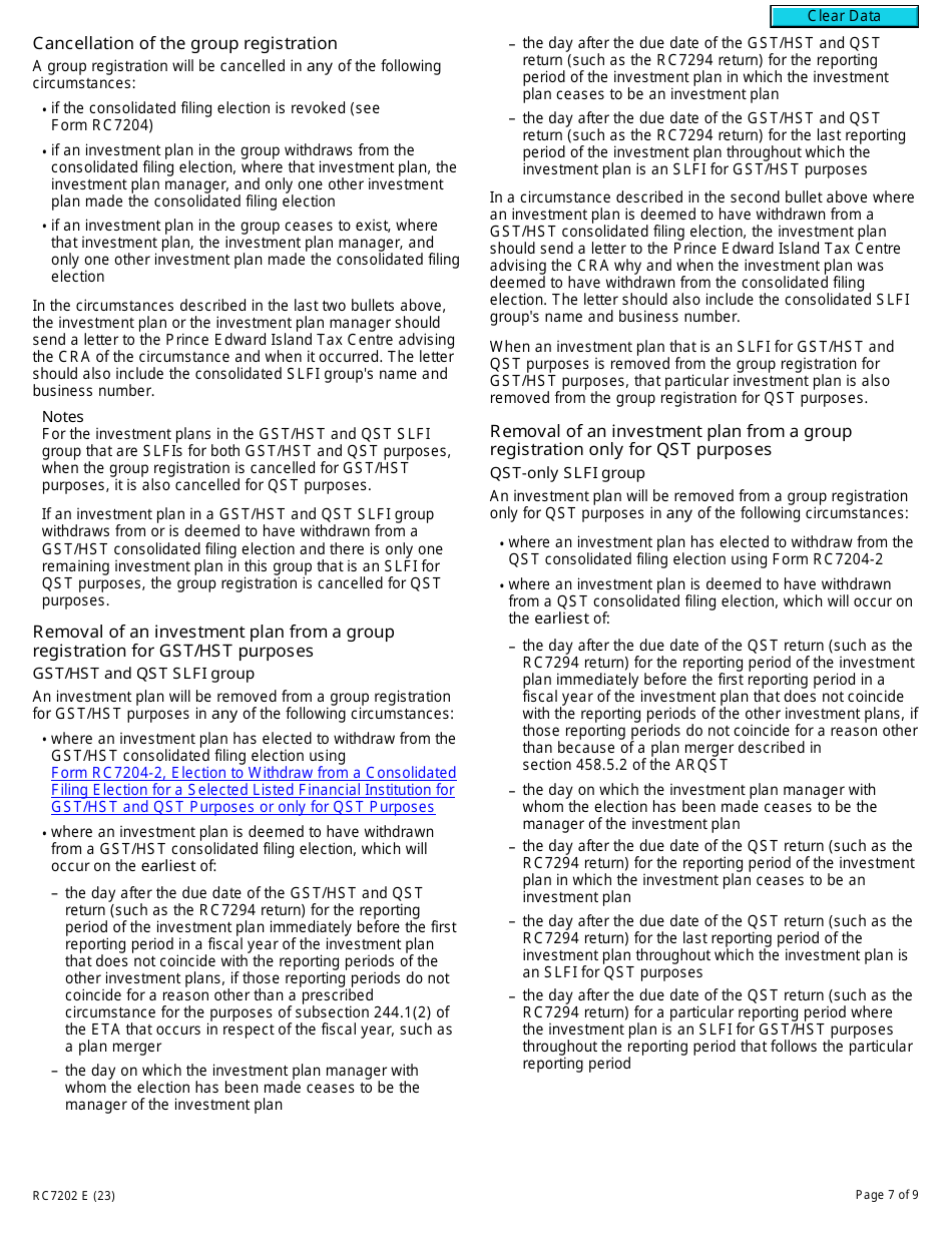 Form RC7202 Request for a Group Registration Number for Selected Listed Financial Institutions With Consolidated Filing for Gst / Hst and Qst Purposes or Only for Qst Purposes - Canada, Page 7
