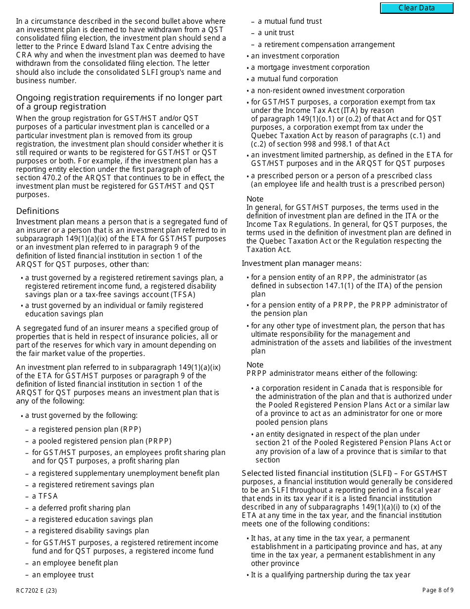 Form RC7202 Request for a Group Registration Number for Selected Listed Financial Institutions With Consolidated Filing for Gst / Hst and Qst Purposes or Only for Qst Purposes - Canada, Page 8