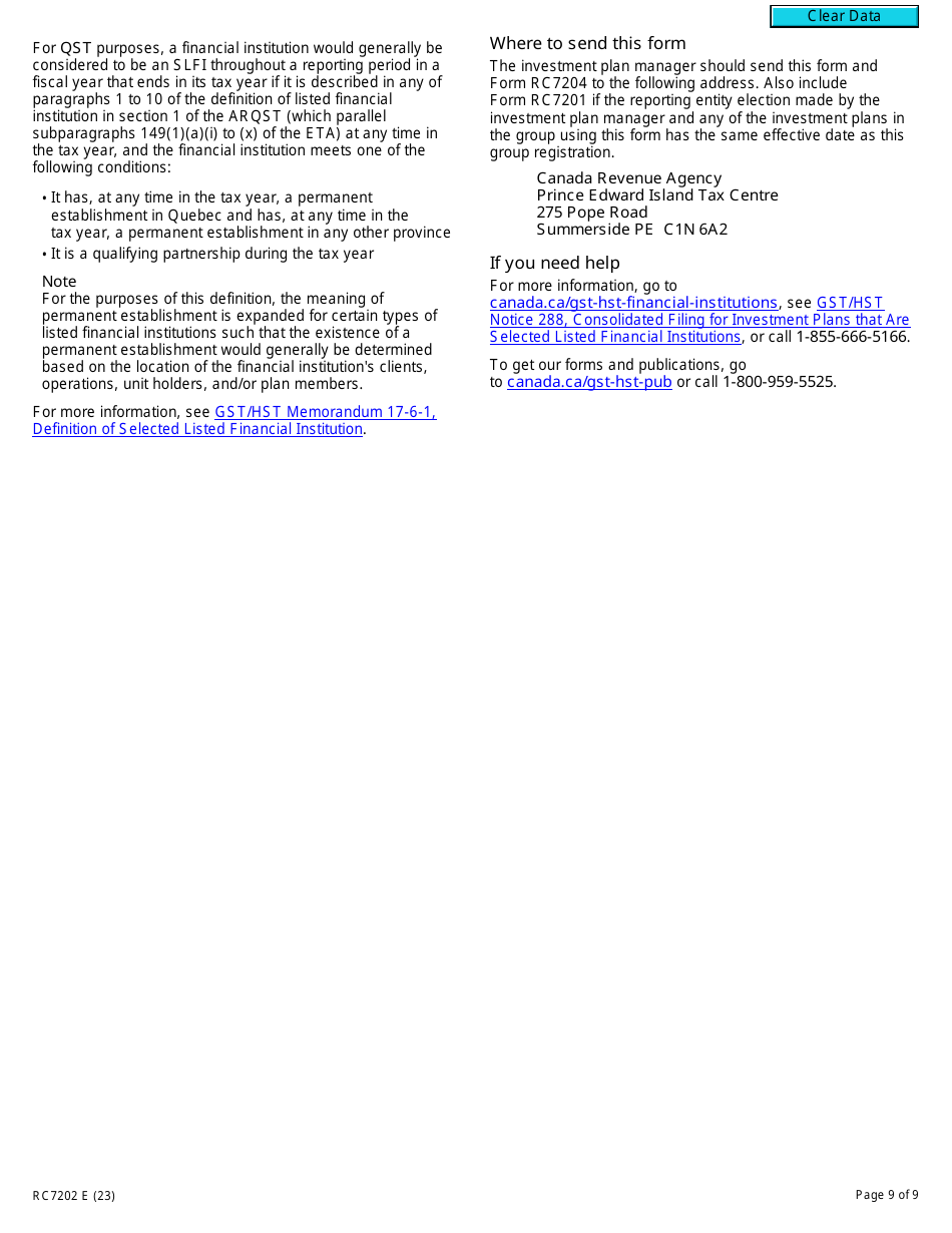 Form RC7202 Request for a Group Registration Number for Selected Listed Financial Institutions With Consolidated Filing for Gst / Hst and Qst Purposes or Only for Qst Purposes - Canada, Page 9