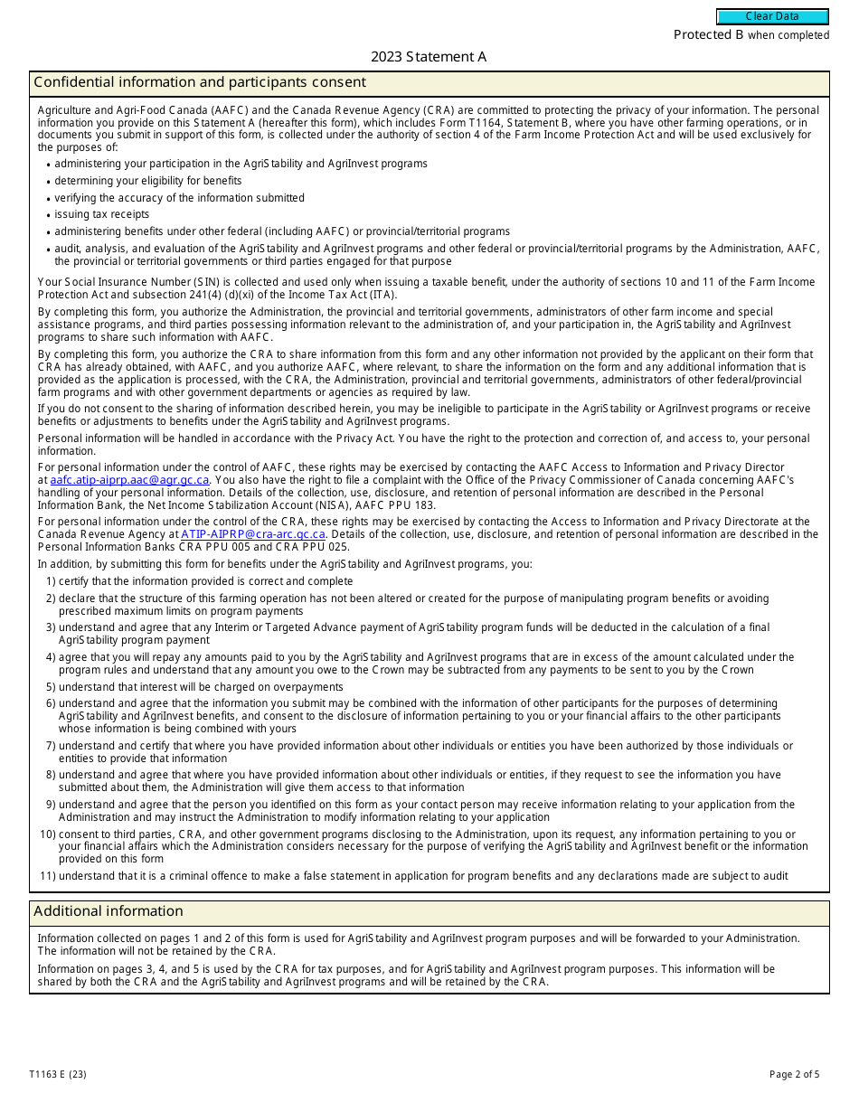 Form T1163 Statement a - Agristability and Agriinvest Programs Information and Statement of Farming Activities for Individuals - Canada, Page 2