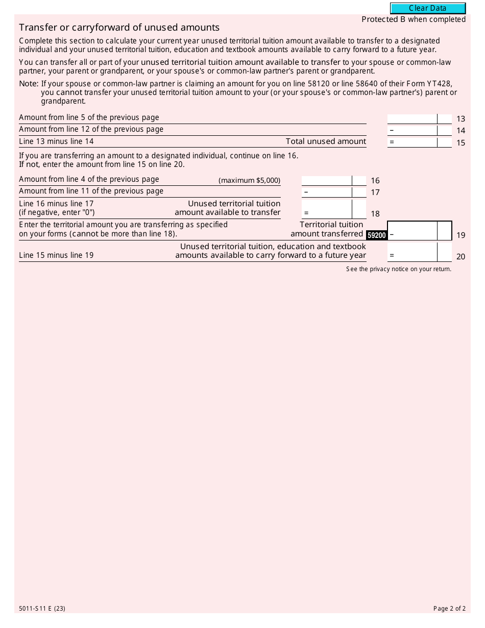 Form 5011-S11 Schedule YT(S11) Yukon Tuition, Education, and Textbook Amounts - Canada, Page 2