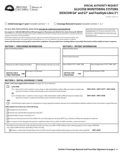 Form HLTH5817 Special Authority Request - Glucose Monitoring Systems (Dexcom G6 and G7 and Freestyle Libre 2) - British Columbia, Canada