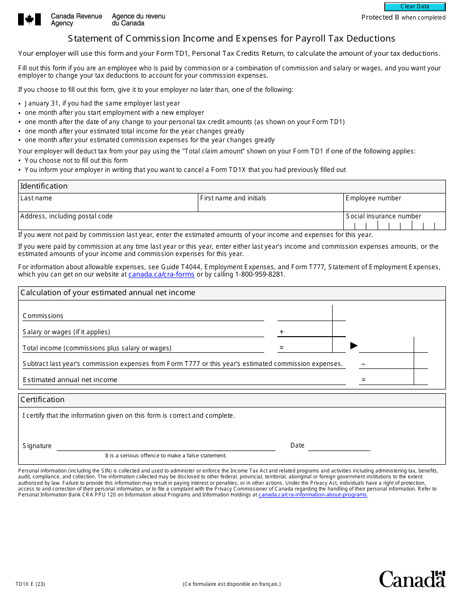 Form TD1X Download Fillable PDF or Fill Online Statement of Commission ...