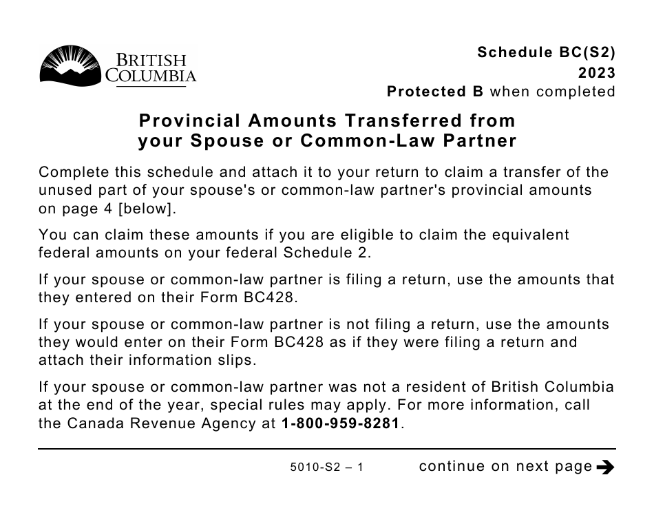 Form 5010-S2 Schedule BC(S2) Provincial Amounts Transferred From Your Spouse or Common-Law Partner - Large Print - Canada, Page 1