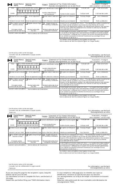 Form T5003 Statement of Tax Shelter Information - Canada (English/French)