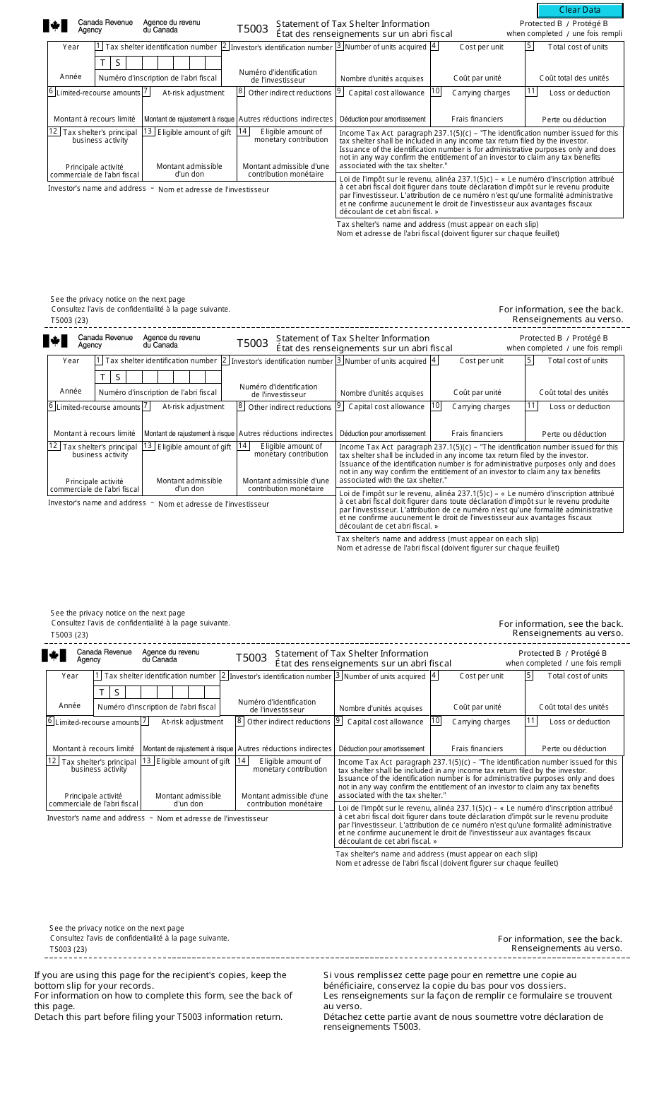 Form T5003 Statement of Tax Shelter Information - Canada (English / French), Page 1