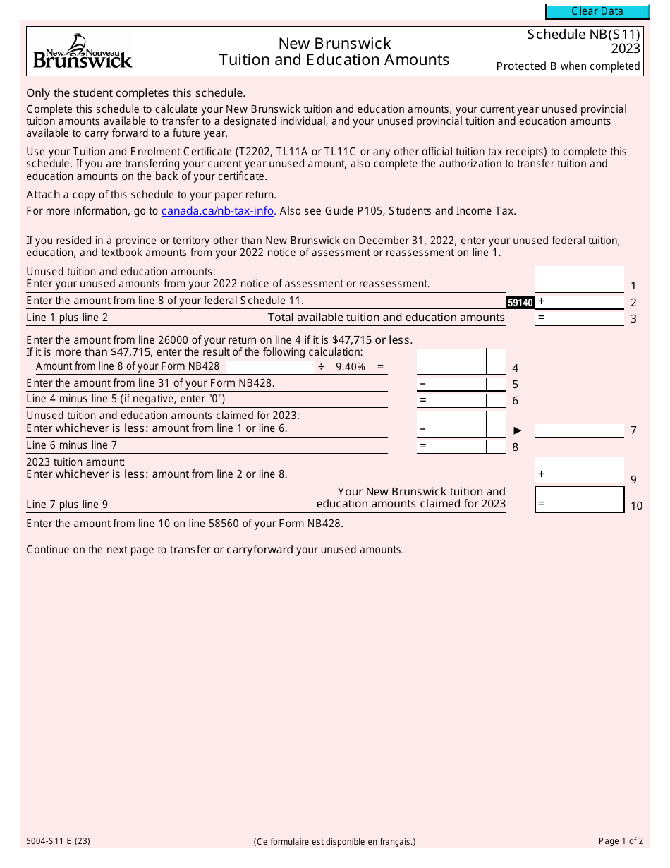 Form 5004-S11 Schedule NB(S11) New Brunswick Tuition and Education Amounts - Canada, Page 1