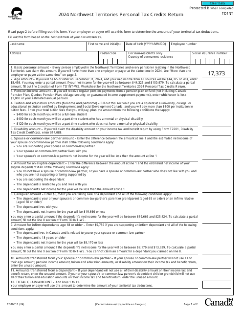 Form TD1NT 2024 Printable Pdf