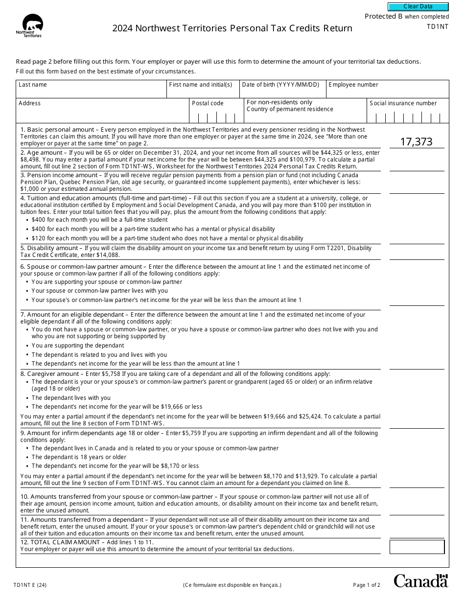 Form TD1NT Northwest Territories Personal Tax Credits Return - Canada, Page 1