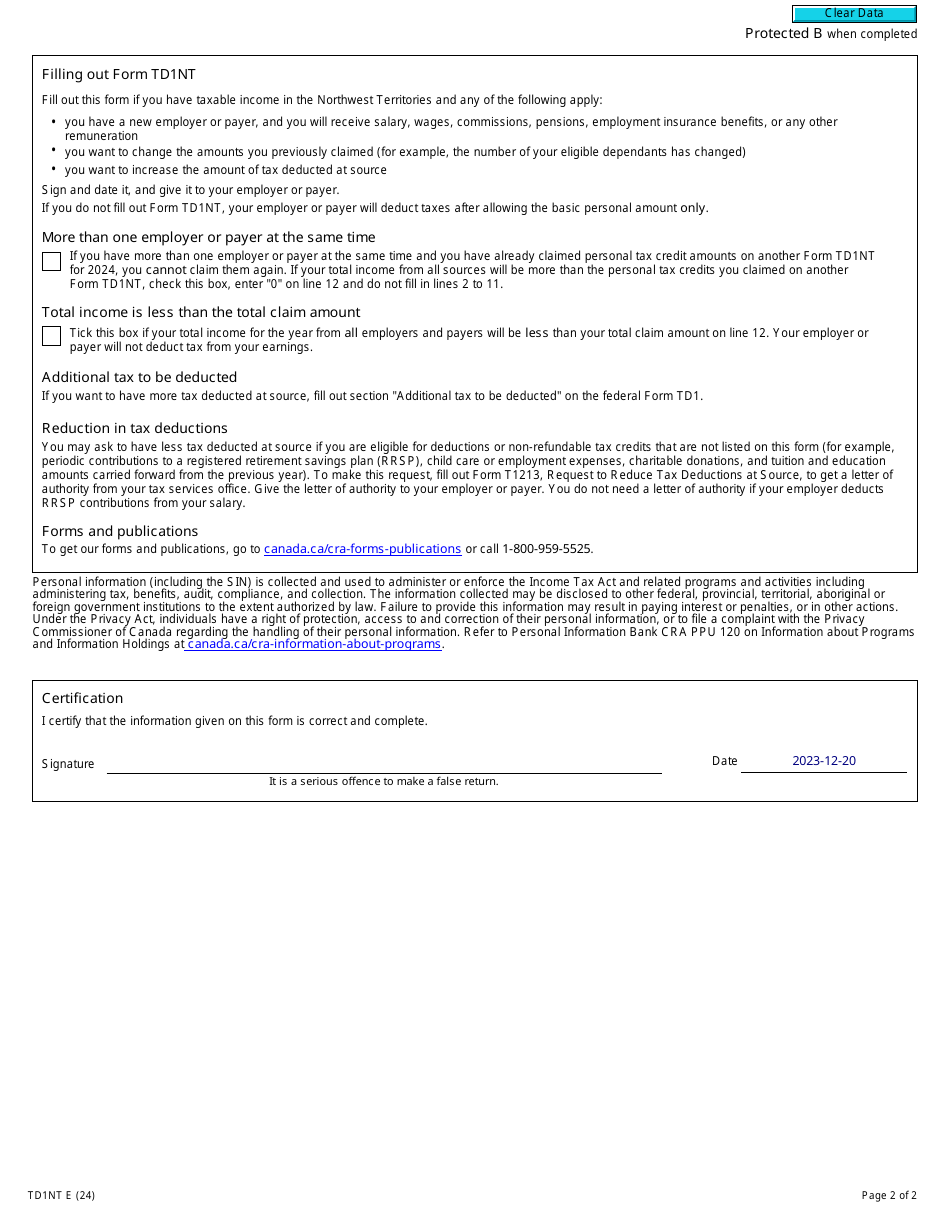 Form TD1NT Northwest Territories Personal Tax Credits Return - Canada, Page 2