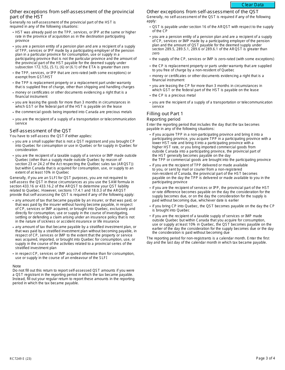 Form RC7249 Return for Self-assessment by a Selected Listed Financial Institution of the Provincial Part of the Hst and the Qst - Canada, Page 3