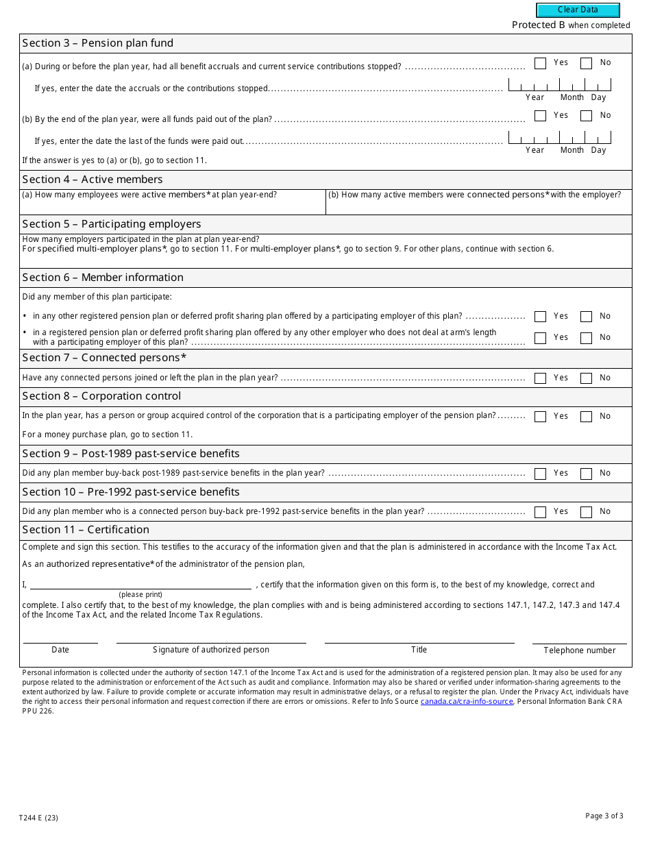 Form T244 Registered Pension Plan Annual Information Return - Canada, Page 3
