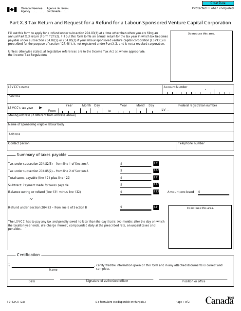 Form T2152A Part X.3 Tax Return and Request for a Refund for a Labour-Sponsored Venture Capital Corporation - Canada