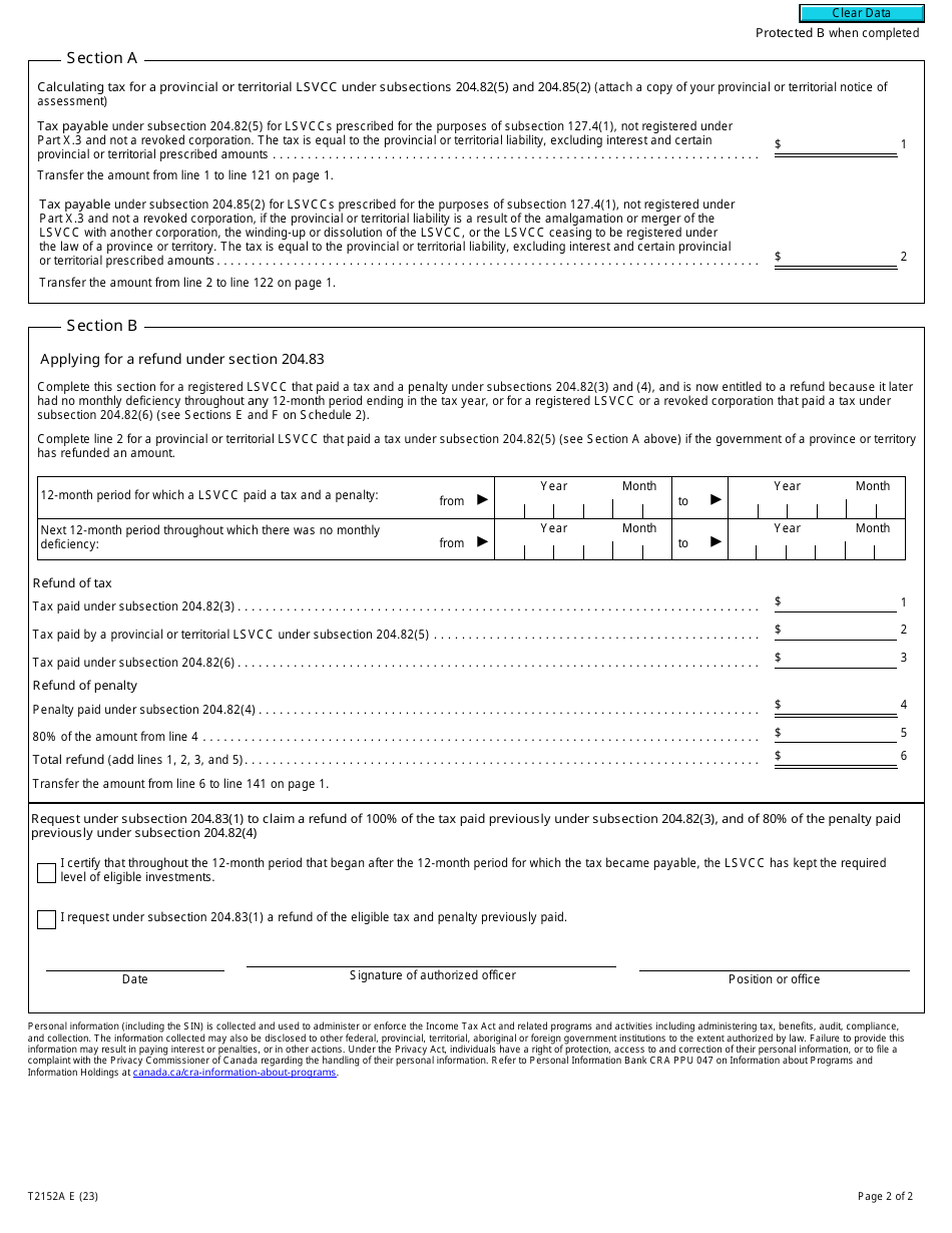 Form T2152A Part X.3 Tax Return and Request for a Refund for a Labour-Sponsored Venture Capital Corporation - Canada, Page 2