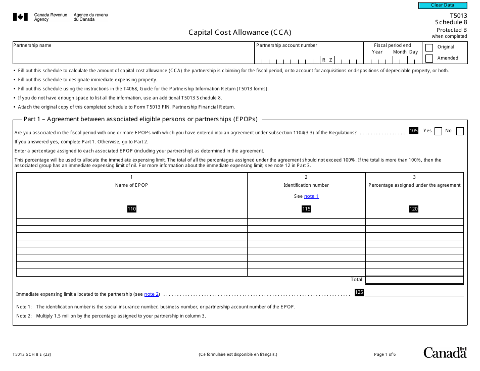 Form T5013 Schedule 8 Capital Cost Allowance (Cca) - Canada, Page 1