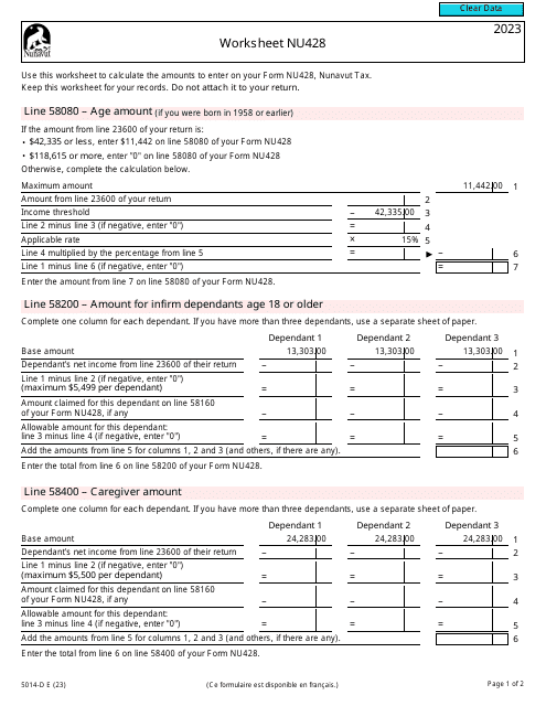 Form 5014-D Worksheet NU428 2023 Printable Pdf