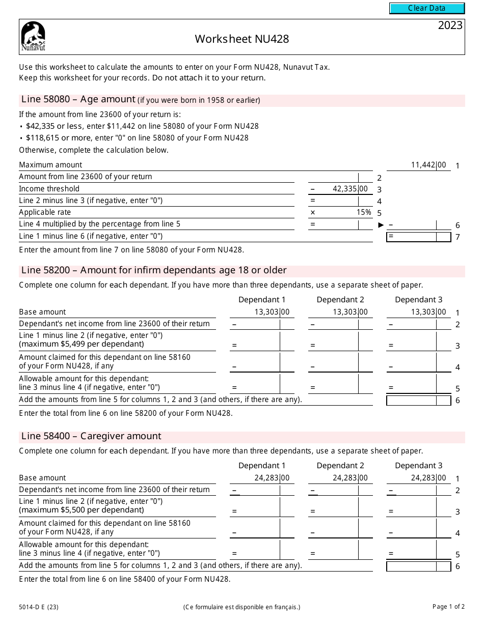 Form 5014-D Worksheet NU428 Nunavut - Canada, Page 1