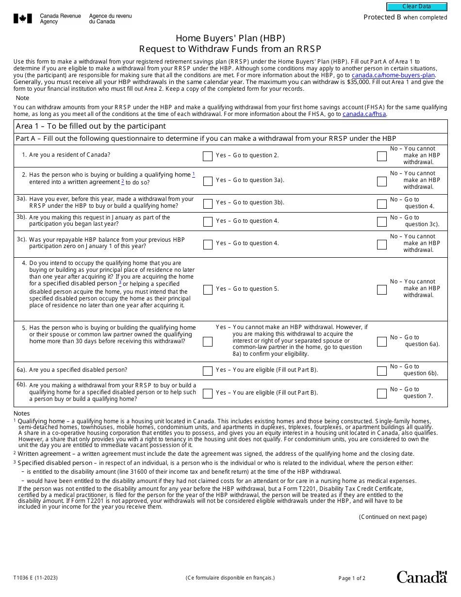 Form T1036 Home Buyers Plan (Hbp) Request to Withdraw Funds From an Rrsp - Canada, Page 1
