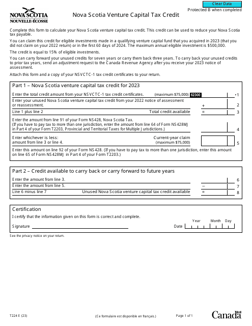 Form T224 Nova Scotia Venture Capital Tax Credit - Canada, 2023