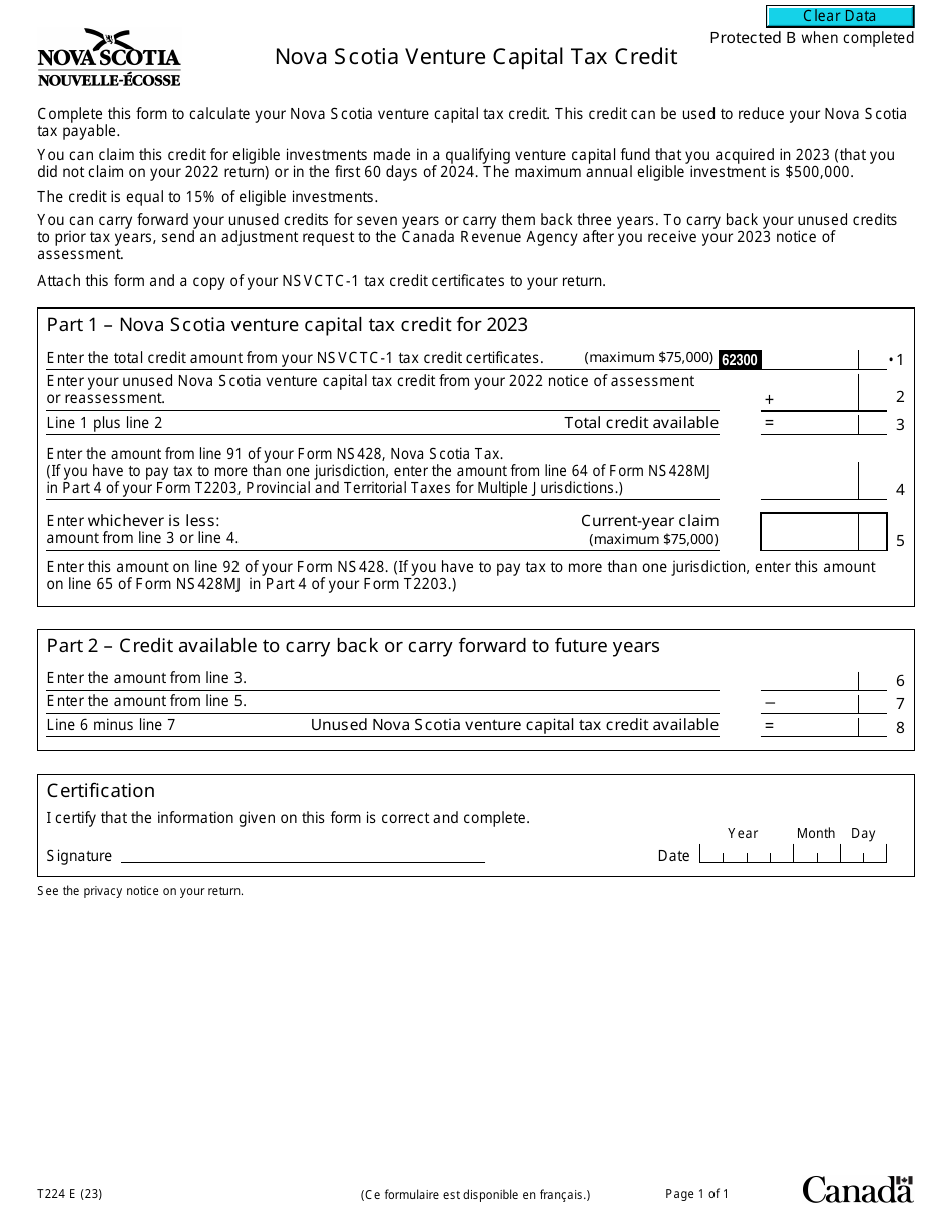 Form T224 Nova Scotia Venture Capital Tax Credit - Canada, Page 1