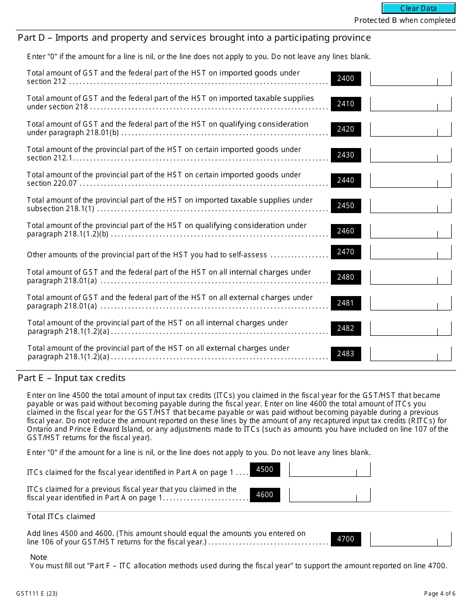 Form GST111 Financial Institution Gst / Hst Annual Information Return - Canada, Page 4